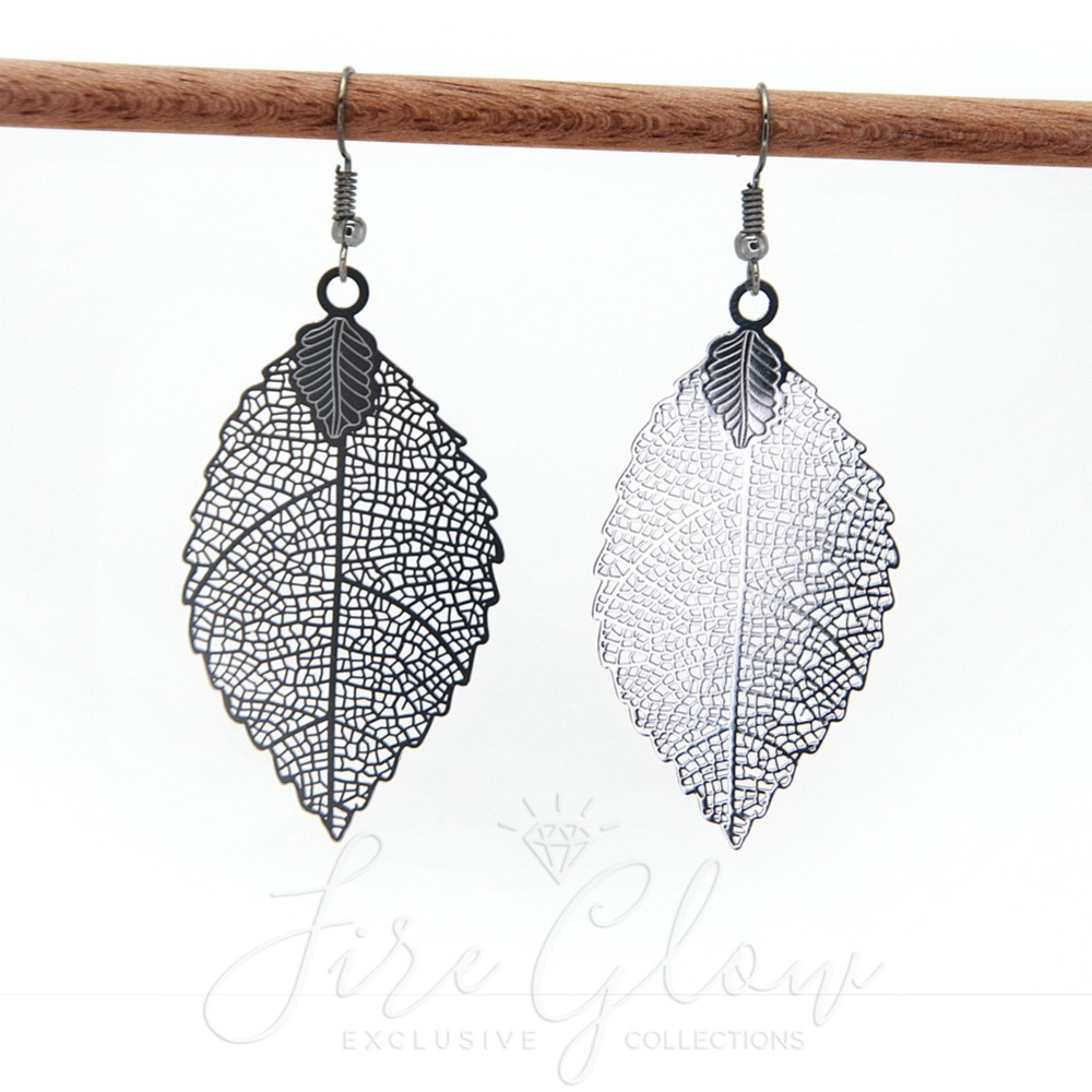 Boho Chic Polished Gunmetal Filigree Leaf Earrings - Picture 7 of 8